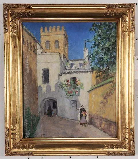 Anna Lynch, Street Scene with Figures, oil on canvas board