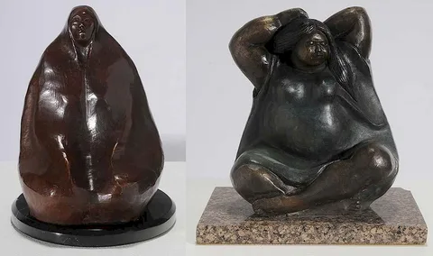 Francisco Zúñiga, Two sculptures of women:  woman fixing her hair, patinated bronze