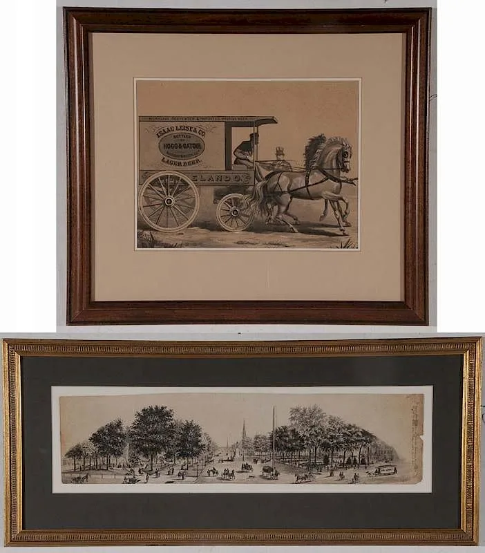 Orlando Vincent Schubert, Two illustrations: one for beer company "Isaac Leisy & Company…Lager Beer", depicting a beer wagon, ink, ink wash and body color on brown paper