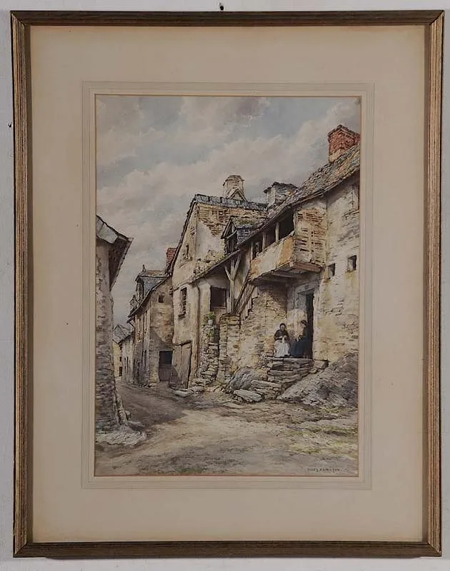 Innes Hamilton, Street Scene with Two Women Knitting on a Door Stoop, watercolor on paper