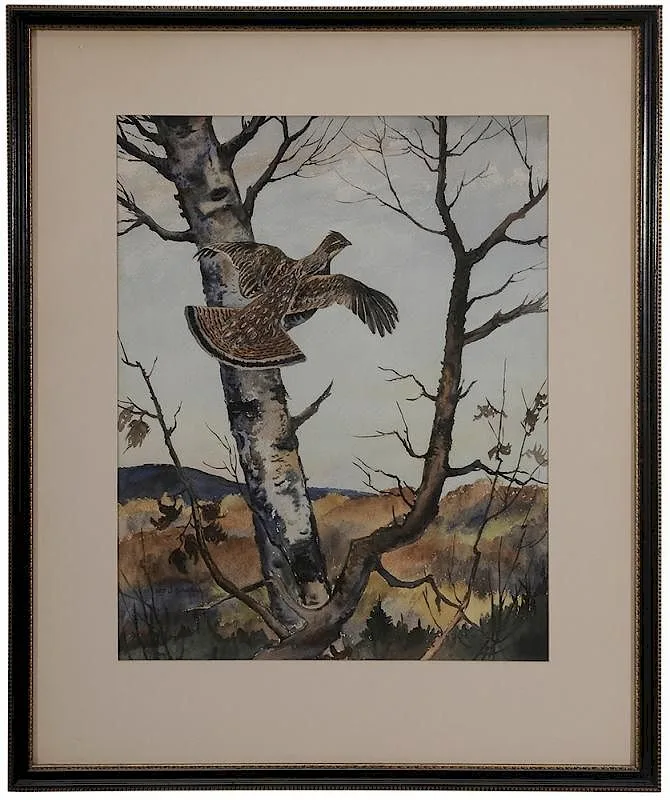 Grouse in Flight by William J. Schaldach, watercolor on paper, sold Sep 2015