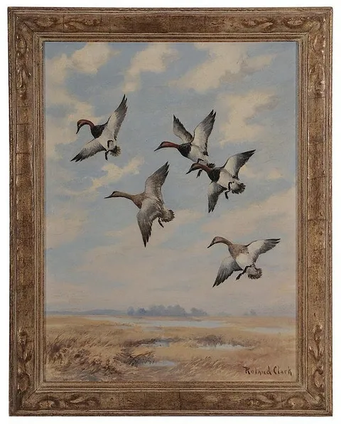 Roland Clark, Over the Marsh - Canvasbacks, 1938, oil on canvas board