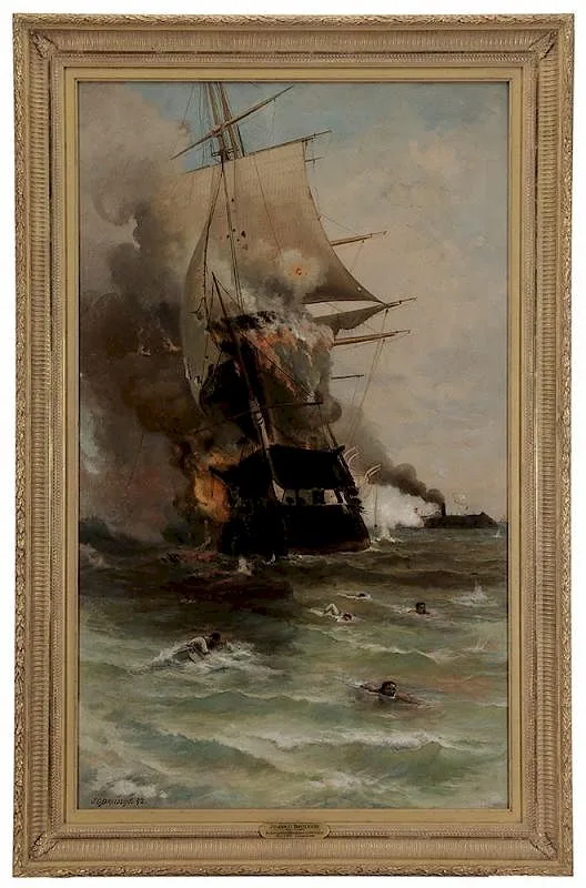 Julian Oliver Davidson, The Burning of the [USS Congress], March 8, 1862, oil on canvas
