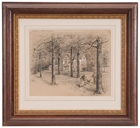 Edwin J. Meeker, The Residence of Thomas Fairfax, an illustration for [The Civil War Diary of Anne S. Frobel: Of Wilton Hill in Virginia], ink and body color on paper laid on card
