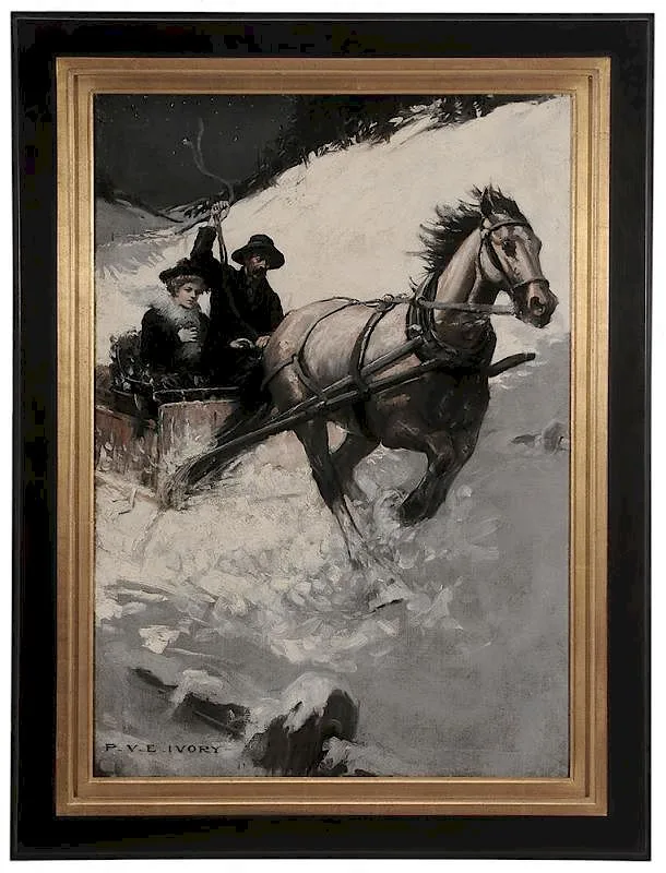 Percy Van Eman Ivory, Horse-Drawn Sled Racing down a Snowy Pass, oil on canvas
