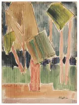 John Marin, Stylized Trees, a hand-made thank you card with typewritten note in interior