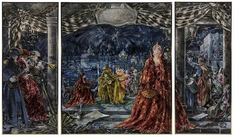 Jeremiah Goodman, [Carnivale di Venezia] (Portrait of Elaine Sammons), a triptych, oil on canvas