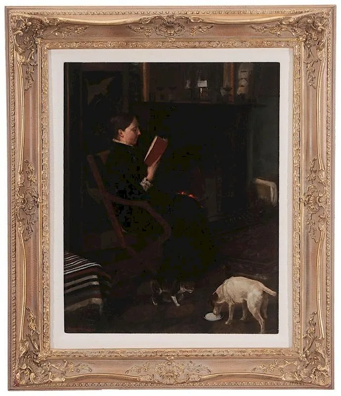 H. Hardey Simpson, Woman Reading a Book By a Fire, oil on canvas