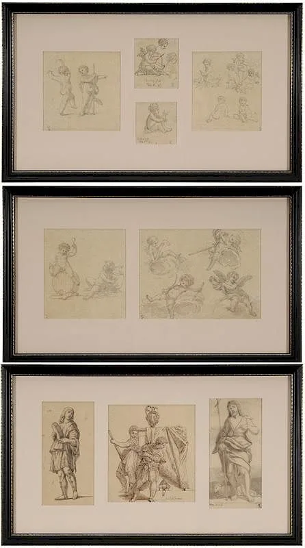 Thomas Kirby, Nine Drawings intended for copying on to Minton Pottery after Old Masters including Veronese and Palma, six pencil and three ink and ink wash on tracing paper