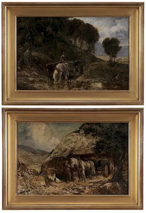 Henry Martin, A pair of scenes: Leaving the Farm and Coming Home, oil on canvas