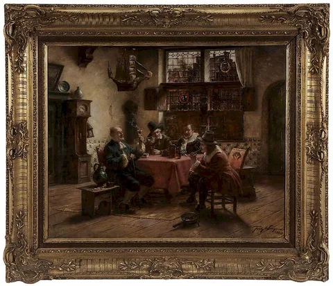 Fritz Wagner, Men Gathered Around a Tavern Table, oil on canvas
