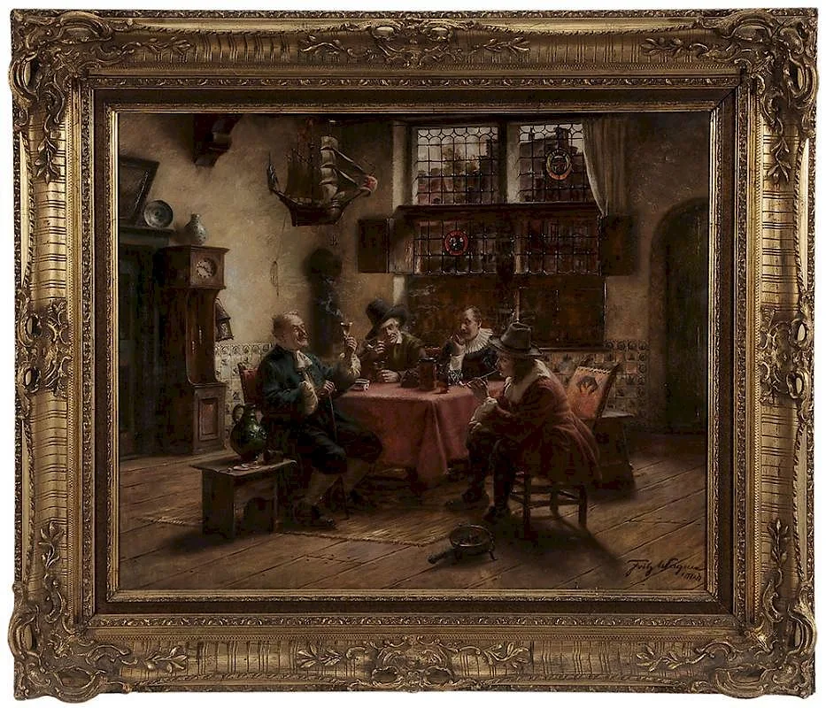 Fritz Wagner, Men Gathered Around a Tavern Table, oil on canvas