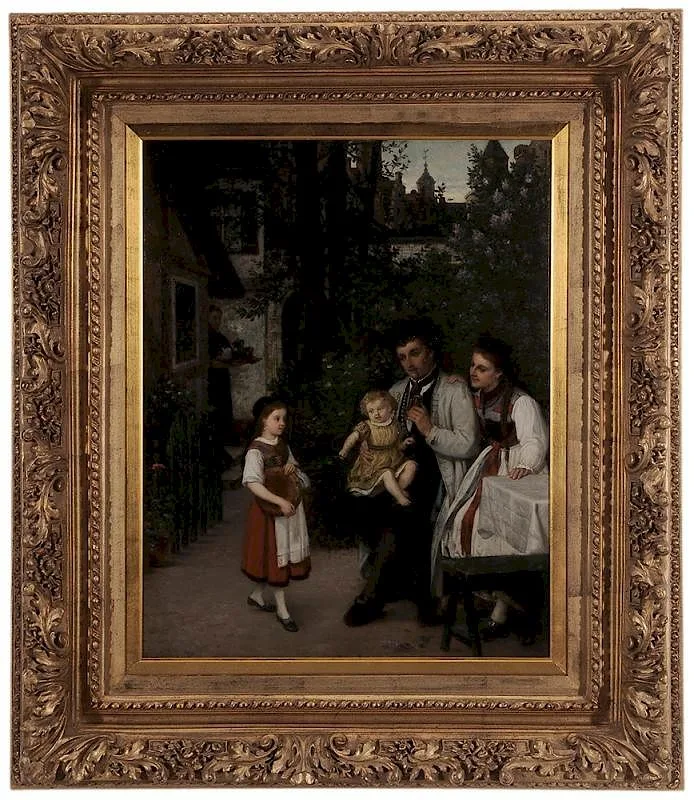 Julius Wagner, A Family Awaiting Tea in a Courtyard, oil on panel