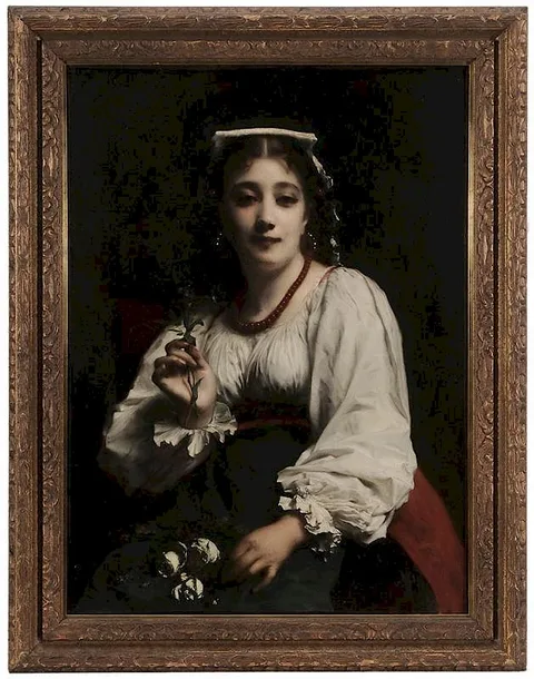 Etienne Adolphe Piot, A Seated Italian Beauty Holding Flowers, oil on canvas