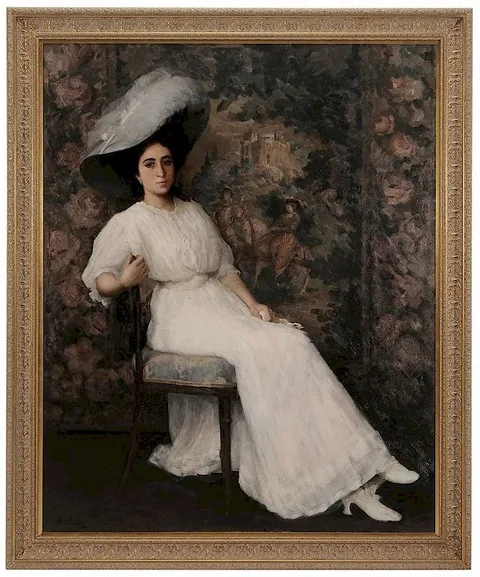 Horace Richebé, Full Portrait of a Lady Seated in White Gown Before a Tapestry, oil on canvas
