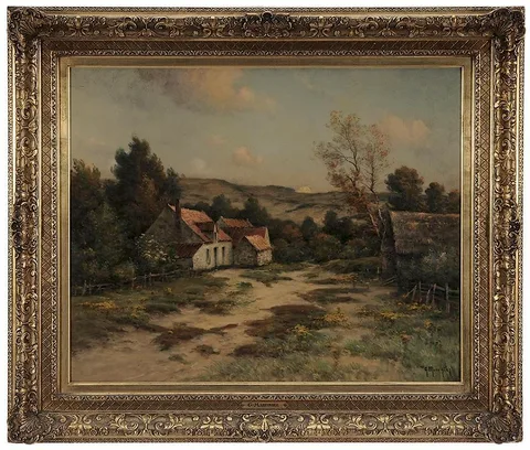 Georges Maroniez, Moon Rise Over a Farm, oil on canvas