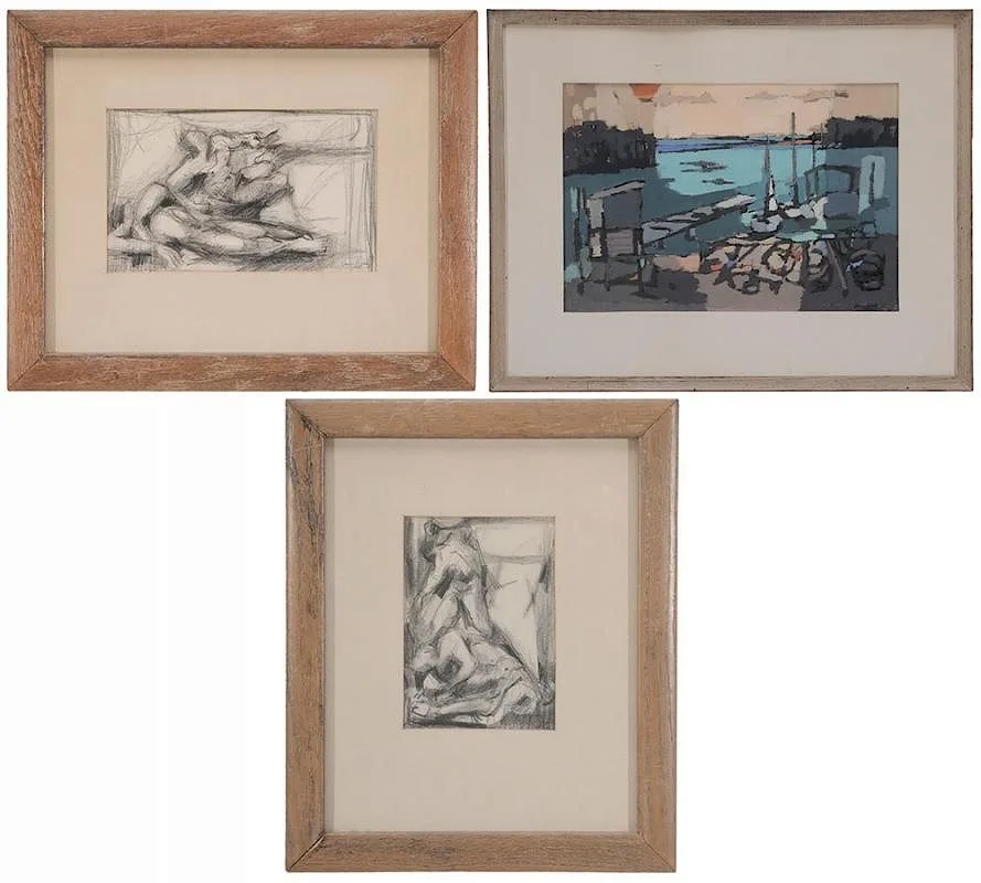 George Ayers Cress, Three works: Dock with Boats at Sunrise, 1957, mixed media on card or mat board