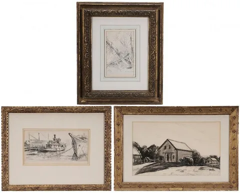 C. K. Chatterton, Three drawings: House and Haywagon, charcoal on paper