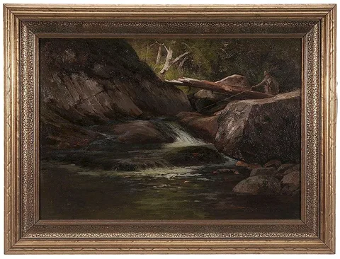 Edward Hill, Fisherman at a Cascade, oil on canvas