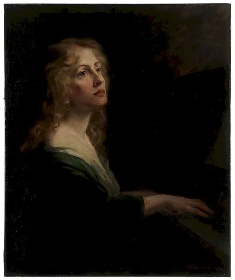 Young Beauty Playing Piano by Nicholas Richard Brewer, oil on canvas, sold Sep 2015