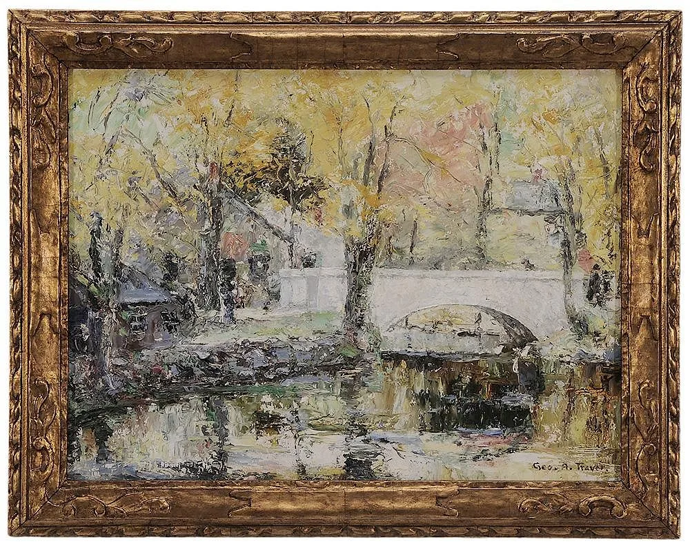 Bridge over a River by George A. Traver, oil on canvas board, sold Sep 2015