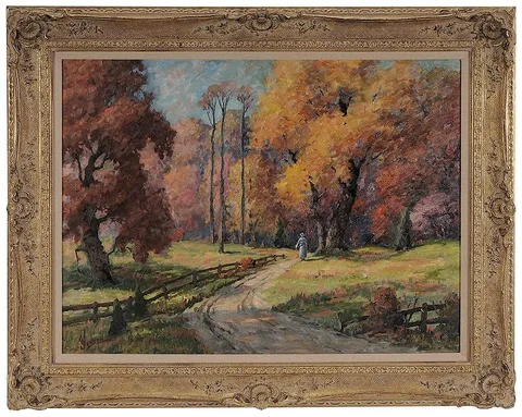 George Jensen, Fall Landscape with Figure on a Road, oil on canvas