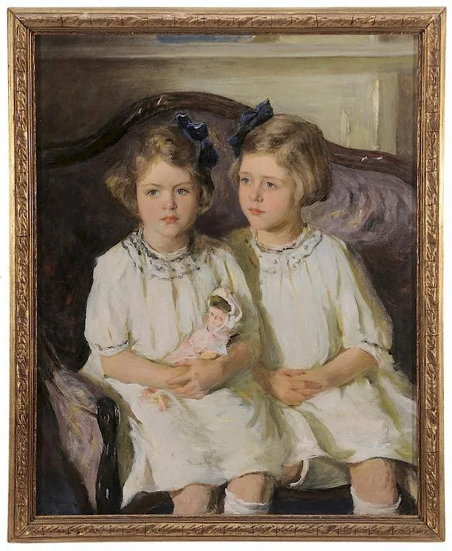 Sisters, seated on a settee, one holding a doll by Isaac Henry Caliga, oil on canvas, sold Sep 2015