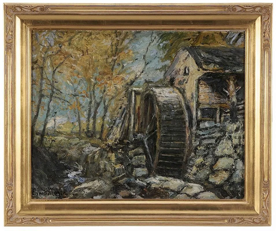 Ernest Meyer, The Old Mill at New London, CT, oil on artist board