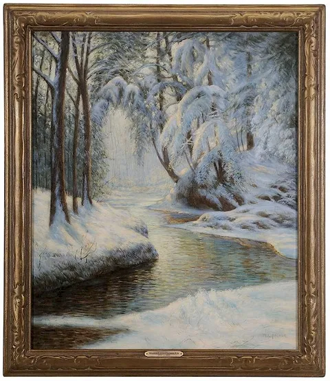 Walter Launt Palmer, Three Cedars, a winter landscape with stream, oil on canvas