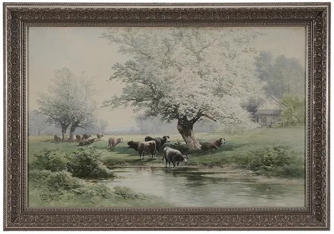 Carl Philipp Weber, Spring Landscape with Cows Watering in a Stream, watercolor and body color on paper laid on card