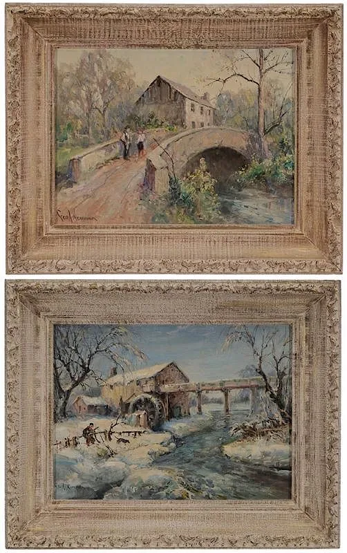 A pair of Pennsylvania views: Schults Mill and Powder Valley, Lehigh County, PA, both signed lower left "Geo. A. Newman" and titled and signed verso artist's label and verso board by George Allen Newman, oil on canvas board, sold Sep 2015
