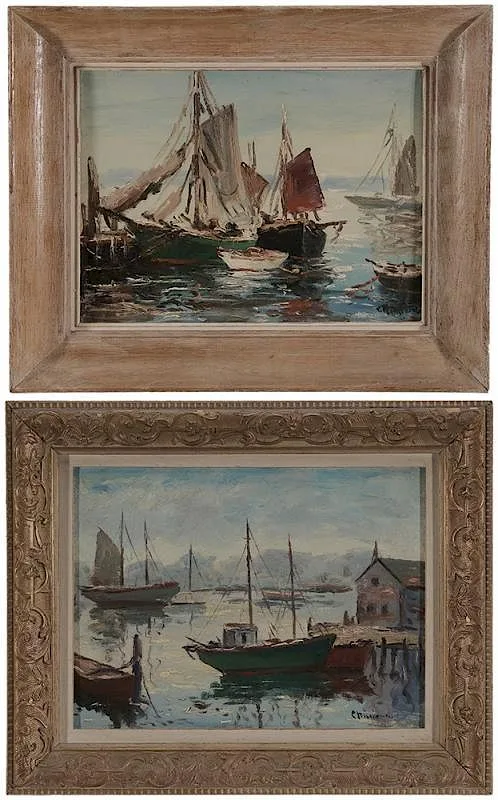 Two Harbor Views, possibly Gloucester by Caesare Ricciardi, oil on canvas board, sold Sep 2015