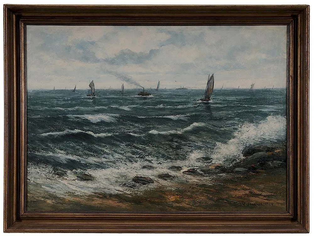 Victor Shearer, Coastal Scene with Boating, oil on canvas