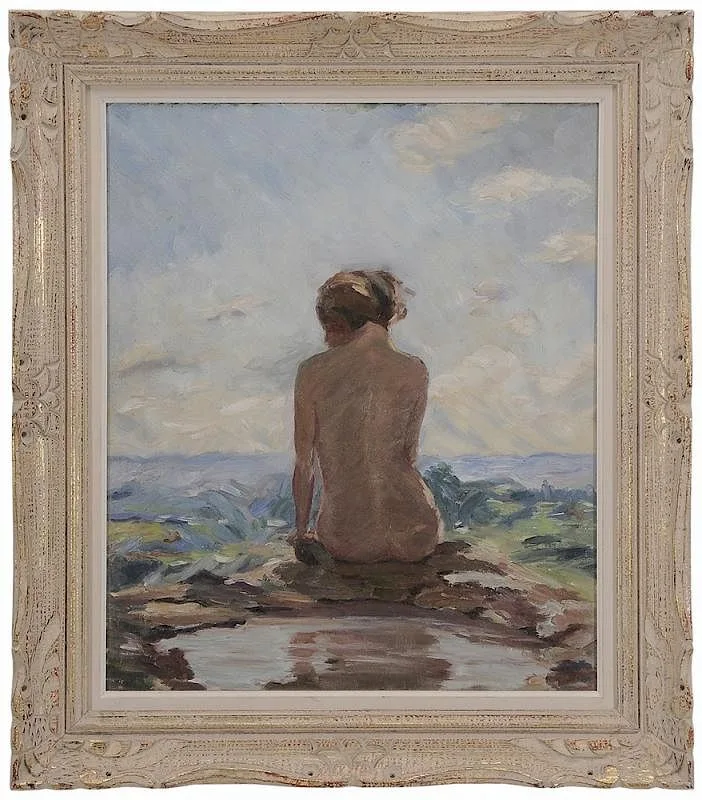 Mildred S. Gehman, Nude in a Landscape, oil on canvas board