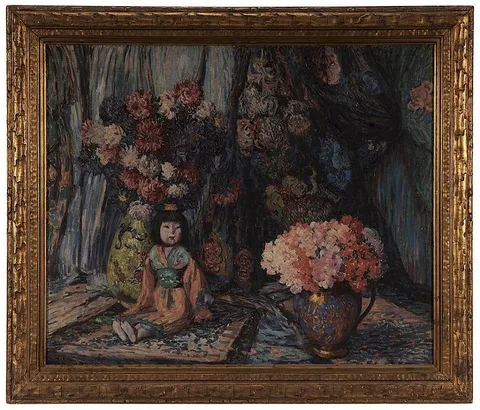 Still Life with Chrysanthemums and an Asian Doll by Maude Drein Bryant, oil on canvas, sold Sep 2015