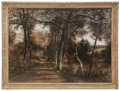 Christopher Shearer, Figure with a Red Parasol on a Woodland Path, oil on canvas