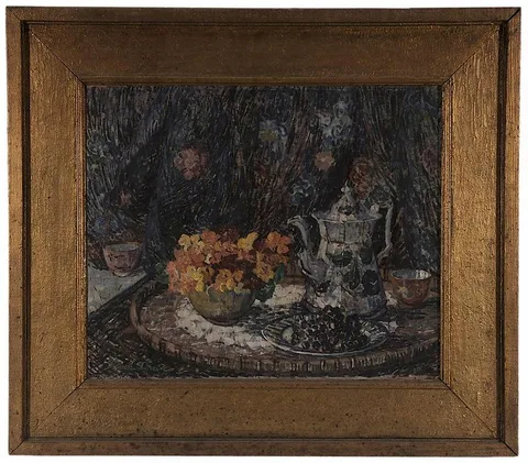 Still Life with Nasturtiums and Tea by Maude Drein Bryant, oil on canvas, sold Sep 2015