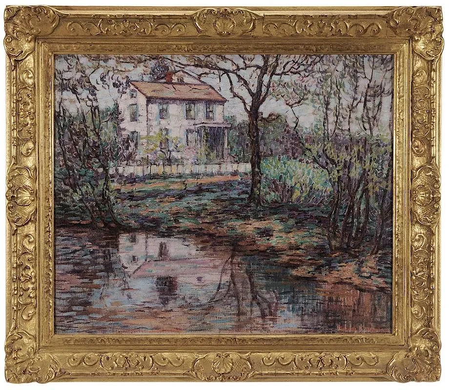 House by a Pond in a Spring Landscape by Maude Drein Bryant, oil on canvas, sold Sep 2015