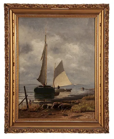 F. M. Stewart, Shore Scene with Boats, oil on canvas