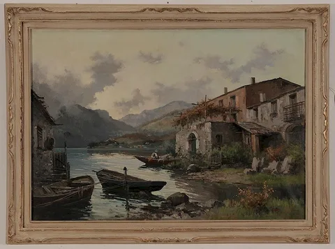 Ercole Magrotti, Italian Landscape, a villa beside a lake with boats, oil on canvas