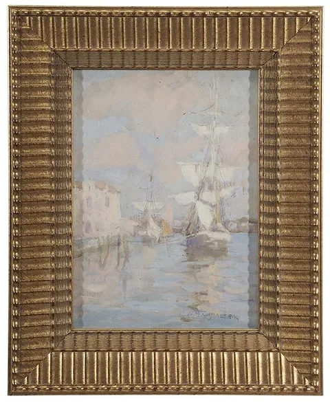 George Haushalter, Moored Ships in a Harbor, oil on panel