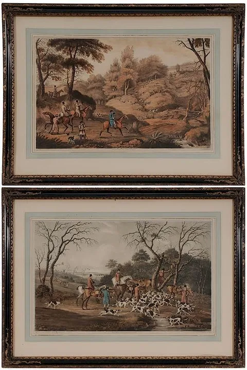 Henry Thomas Alken, Two fox-hunting scenes, published by John Hudson, London 1820, hand-colored engravings with aquatint on paper