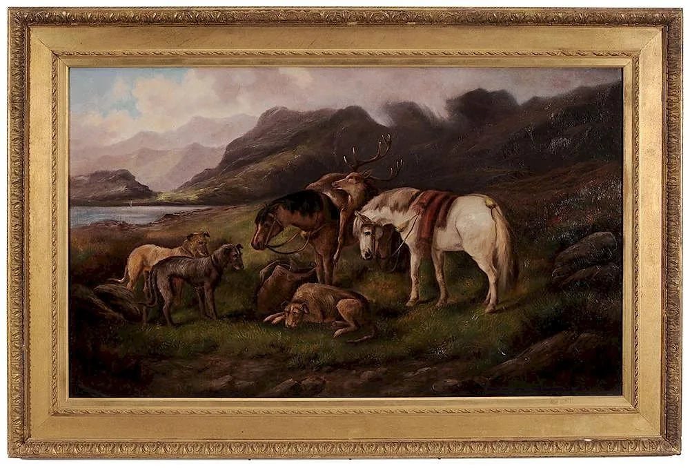 C. Gillman, Horses and Stag Hounds Resting in a Highland Landscape, circa 1880, oil on canvas