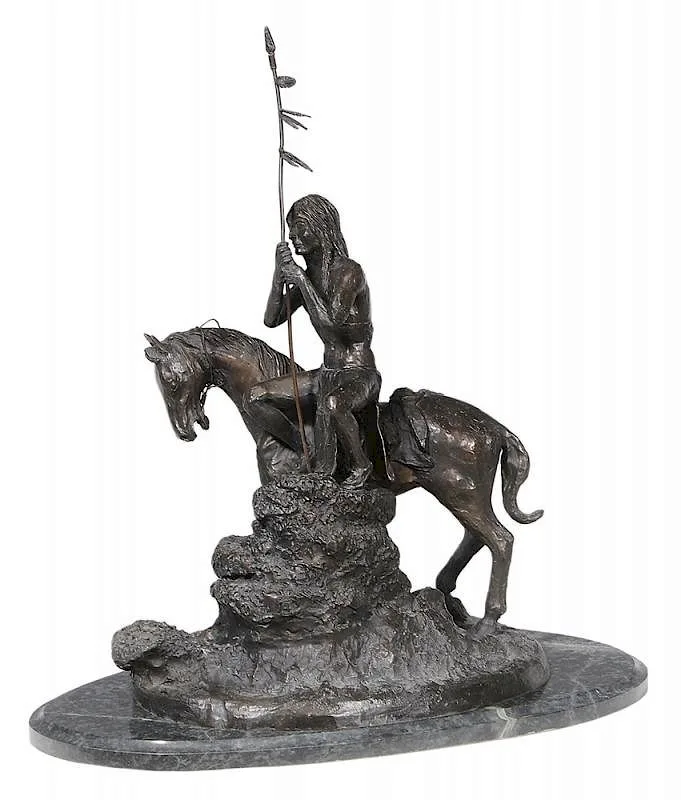 Marshall Mitchell, Old Coon Foot & Young Brave, patinated bronze on green marble base