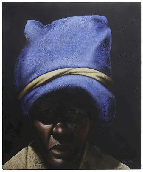 Velaphi Mzimba, Boy in Blue Hat, acrylic on incised gesso and canvas