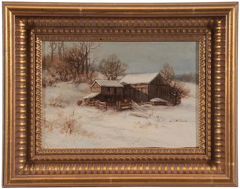 Robert Melvin Decker, Barn in Snowy Landscape, oil on artist board