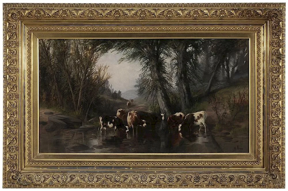 Joseph R. Evans, Cows Watering in a Stream, oil on canvas