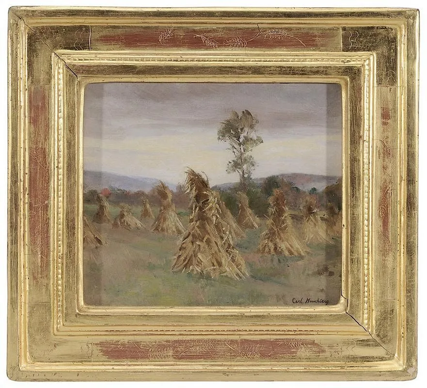 Carl Hirschberg, Haystacks, oil on artist board