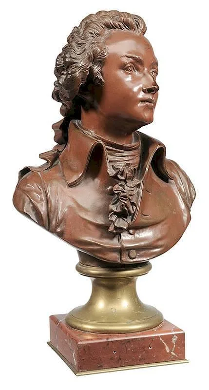 Albert-Ernest Carrier-Belleuse, Bust of Mozart, late 19th/early 20th century, patinated bronze on Red Marble and bronze base