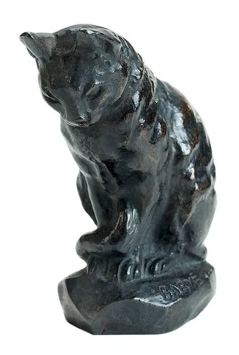 Antoine-Louis Barye, Untitled, Bronze figure of a cat sitting upright with tail wrapped around front paws